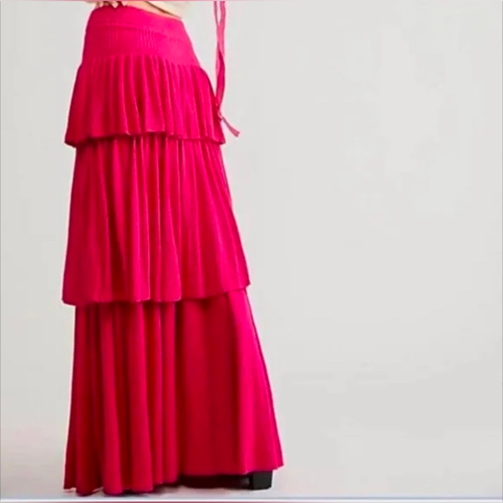 Free People Vibrant Pink Tiered Knit Skirt, Medium - Picture 2 of 5
